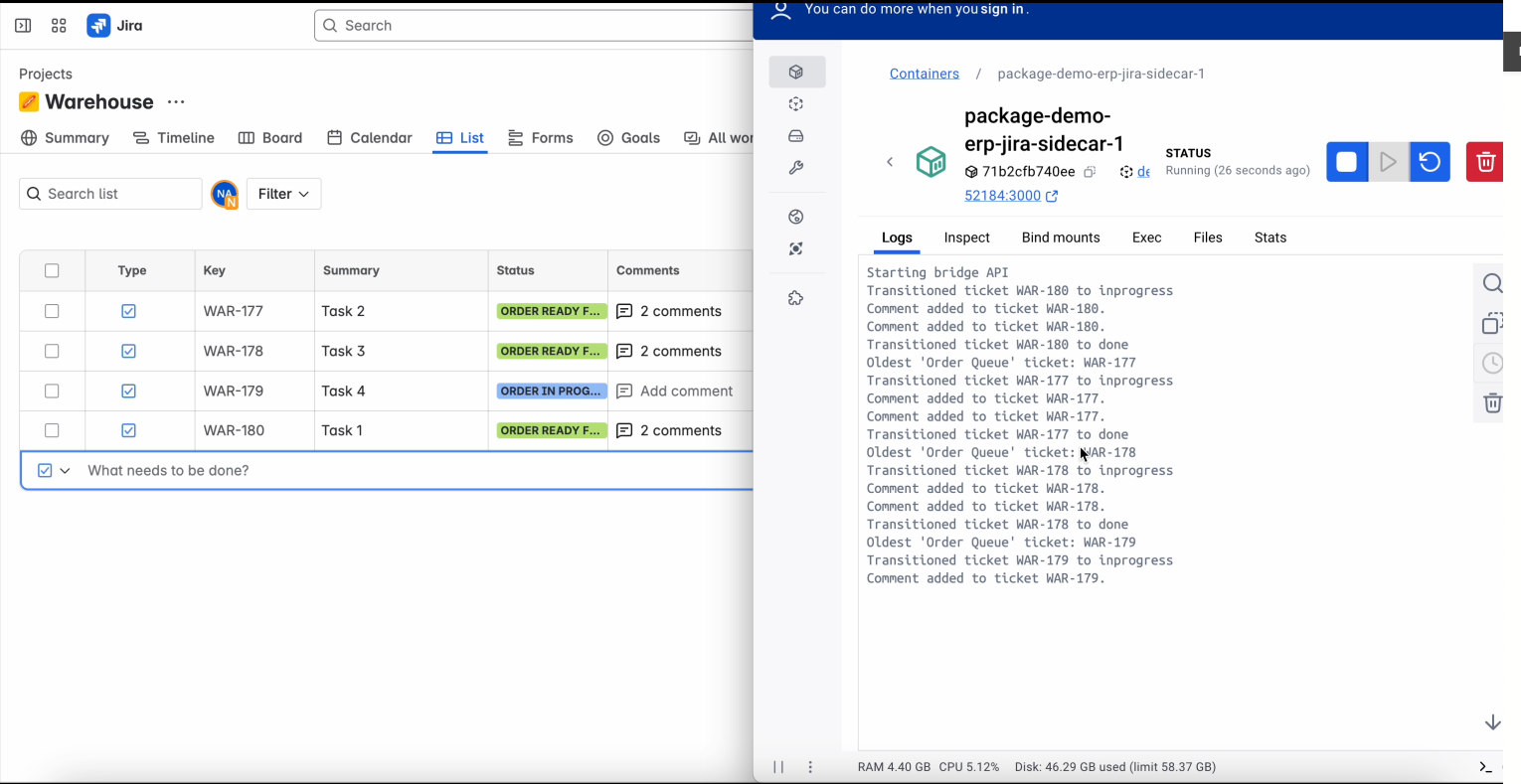 JIRA board &amp; Docker Desktop showing updated tasks
